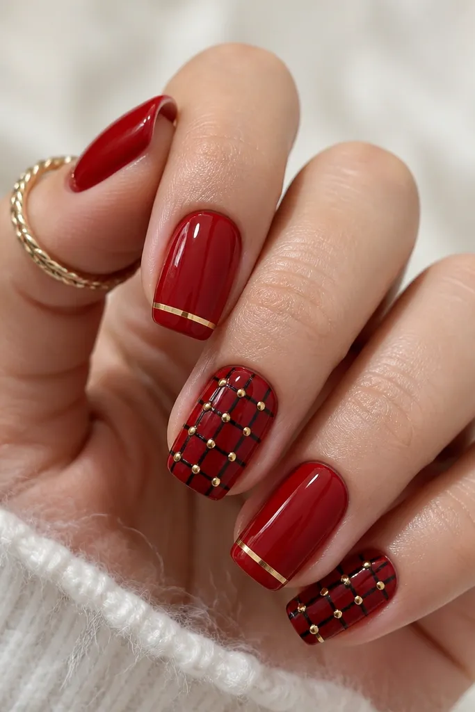 Red glossy nails with two accent nails showing a black grid pattern, and tiny gold studs placed at the intersection points; other nails have plain red with a gold stripe near the tip.