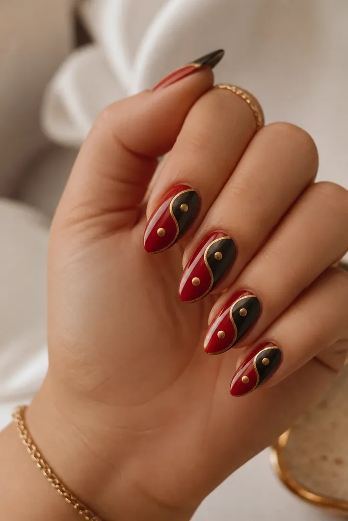 Almond nails with a yin-yang design: one half red, one half black, with small gold dot centers and a tiny gold outline around the symbol.