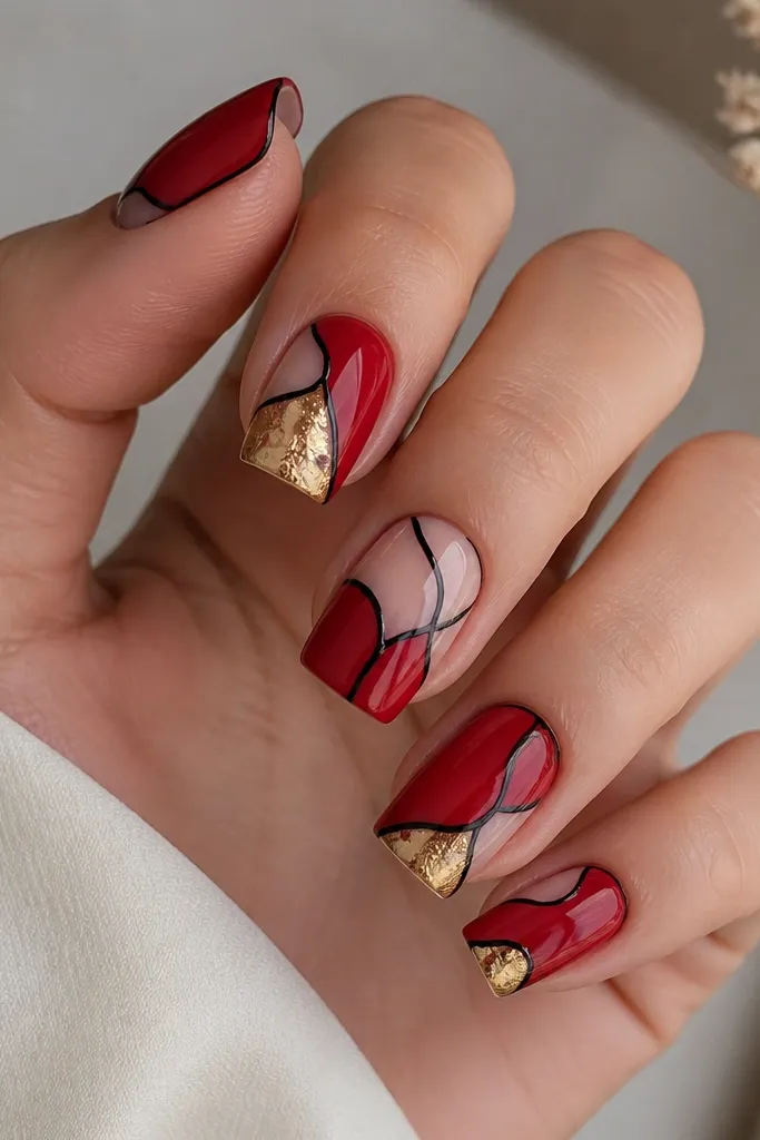 Medium square nails with glossy red block sections separated by black outlines like heatwave shapes, and gold foil corner caps on select nails.