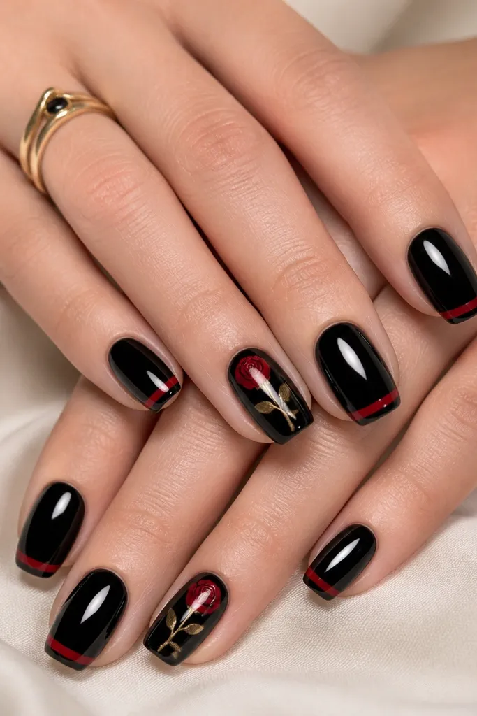 One accent nail per hand has a black rose drawn with red petals, plus a thin gold stem line; the other nails are glossy black with a red stripe near the tip.