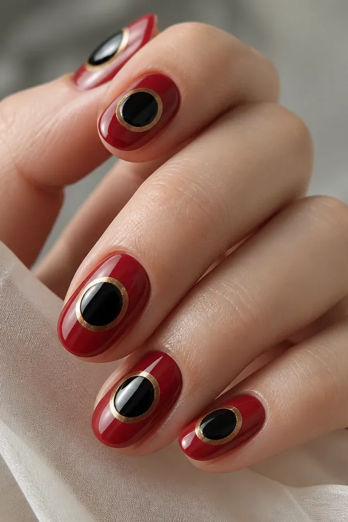 Glossy nails with a red glazed donut look: a black circular center near the middle, red ring around it, and a thin gold rim around the black circle.