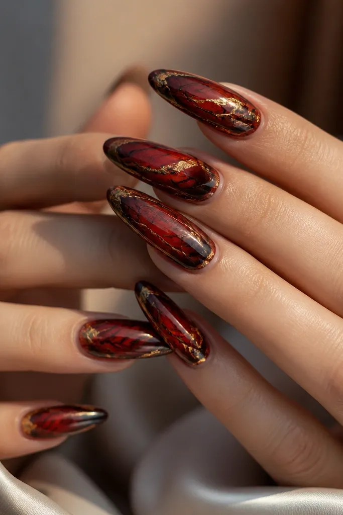Long almond nails with a red aura glow in the center, black swirl lines around it, and gold foil swirls layered over the black curves.