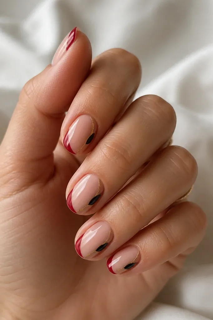 Short oval nails with a side French tip in red, black half-moon accents near one side of the cuticle, and a thin gold line curving along the side near the knuckle.