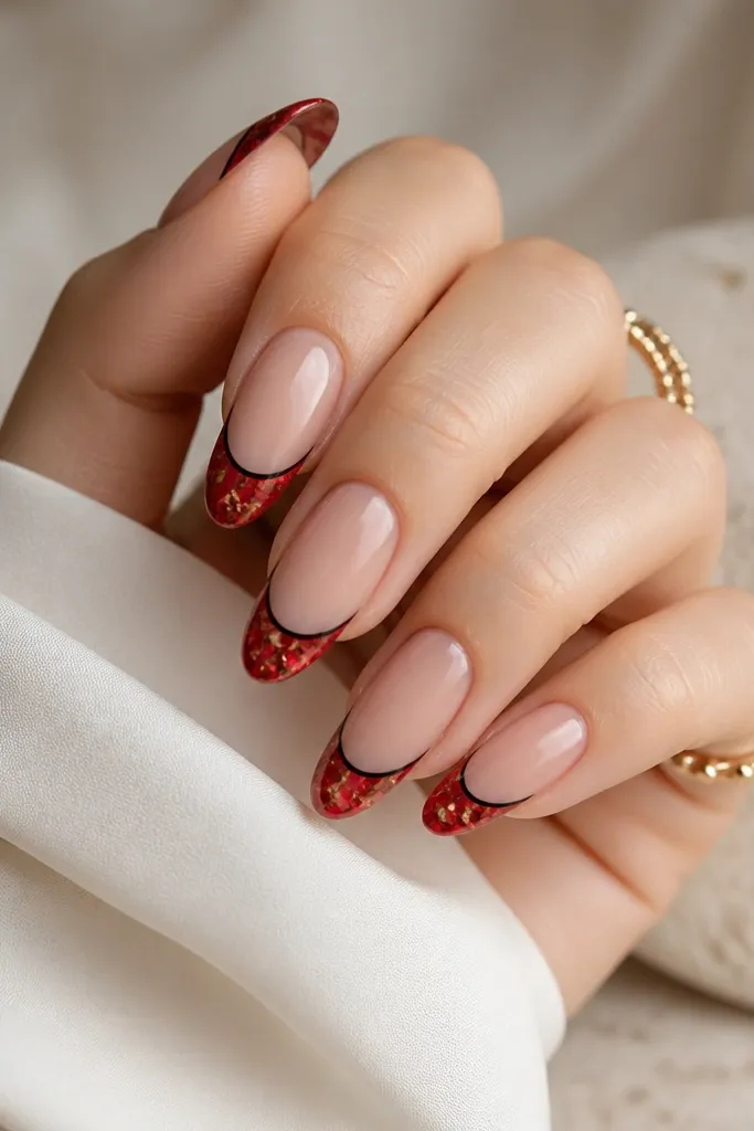 Glossy nude base with red marble French tips, a thin black cap line at the very edge of the tip, and tiny gold flecks scattered across the red marble.