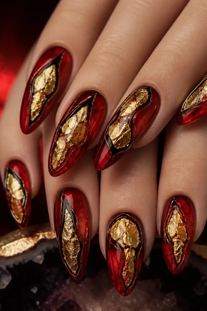 Almond nails with a red glow background, a central geode slice outlined in black, and gold foil filling the geode facets like crystal veins.