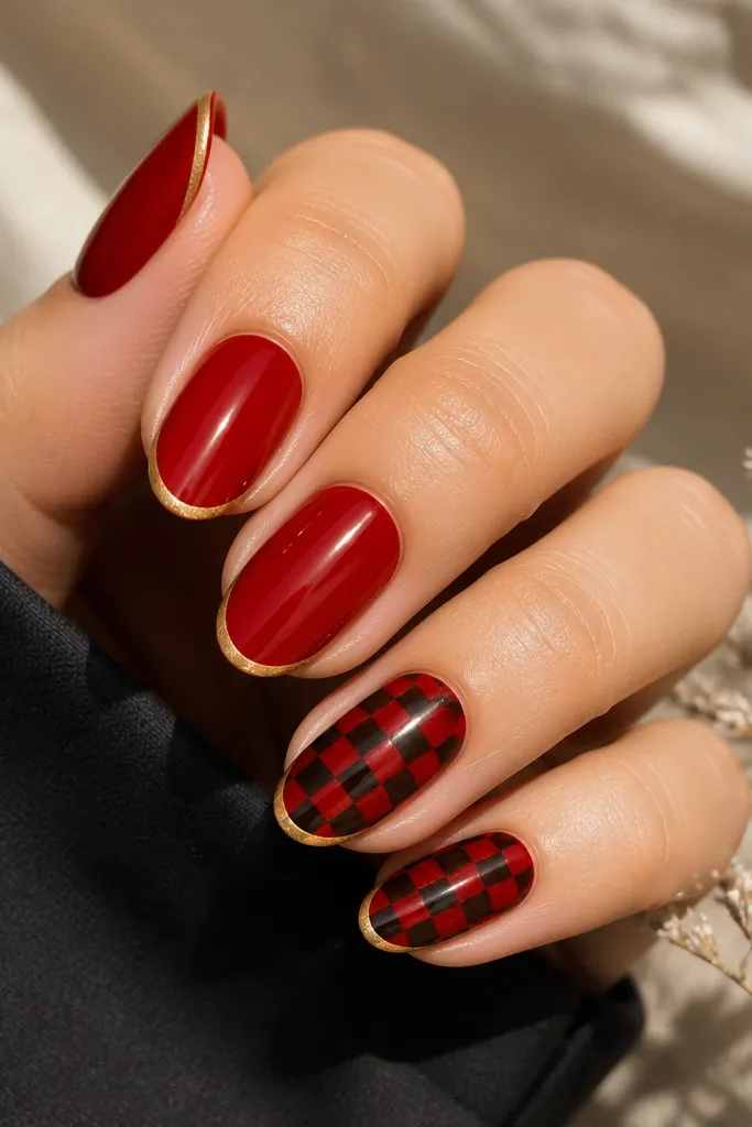 Glossy red nails with two accent nails showing a small black-and-red checker pattern, plus a thin gold outline along the French tip on every nail.