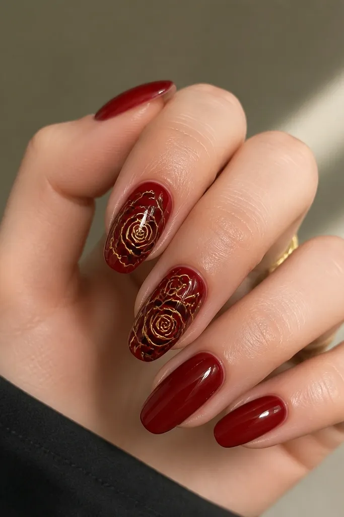Jelly red nails with black rose outlines on two nails, each rose outlined again with thin gold lines, and the rest of the nails plain glossy red.