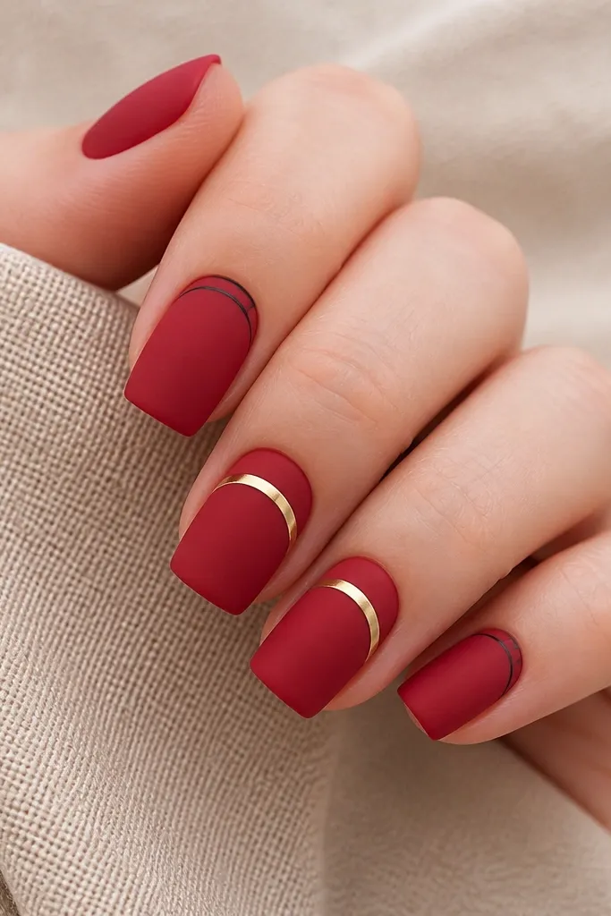 Matte red nails like velvet, with two accent nails featuring a gold half-arch across the upper third; the rest are plain matte red with one thin black line near the cuticle.