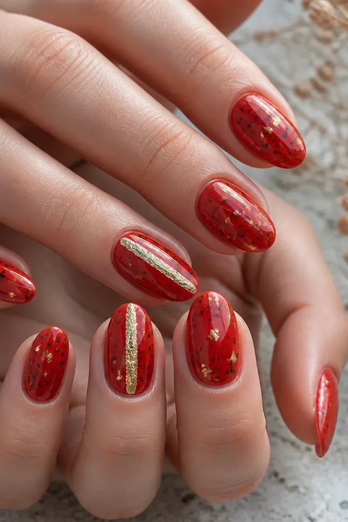 Glossy red nails with scattered black micro pieces and gold foil confetti, plus two nails with a gold foil stripe down the center.