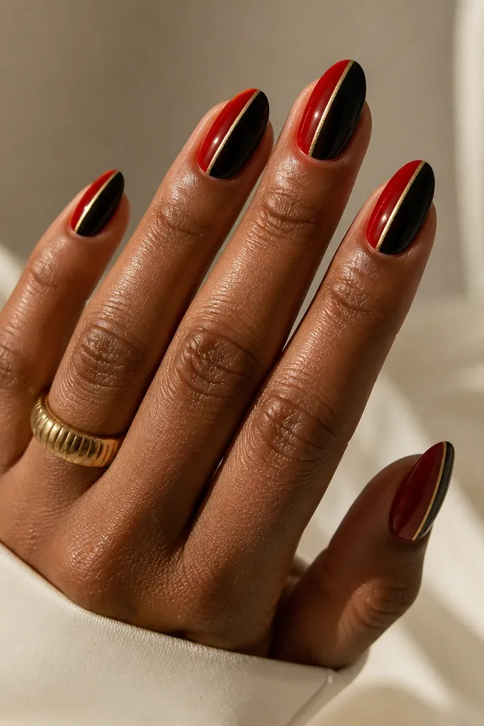 Oval nails split vertically: left side red, right side black, with a thin gold bar centered down the middle and glossy finish.