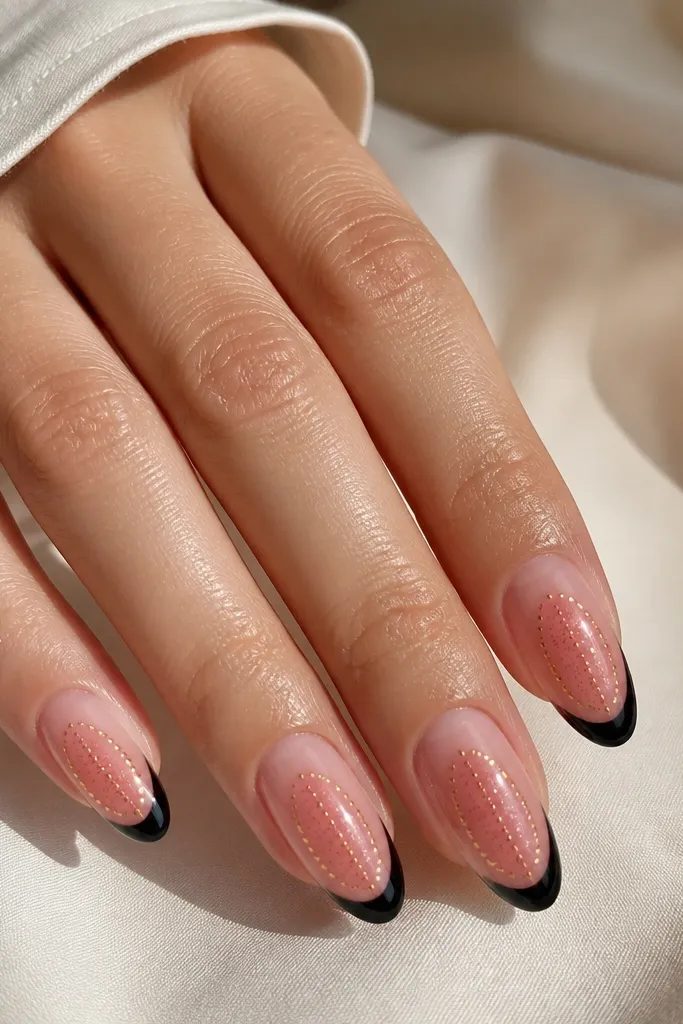 Sheer pink base with black French tips, a faint red glitter veil over the middle of the nail, and a row of tiny gold dots bordering the veil on both sides.