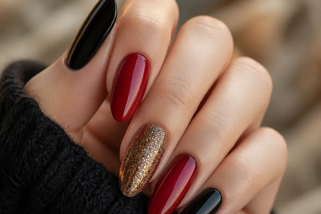 Year Round Red Black And Gold Nails