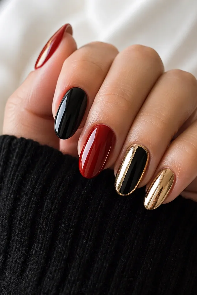 Year Round Red Black And Gold Nails