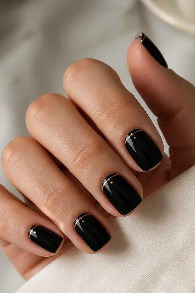 Short squoval nails painted glossy black. The tips are capped with a very thin gold line that sits just under the free edge, with a tiny gold dot at the center of each line.