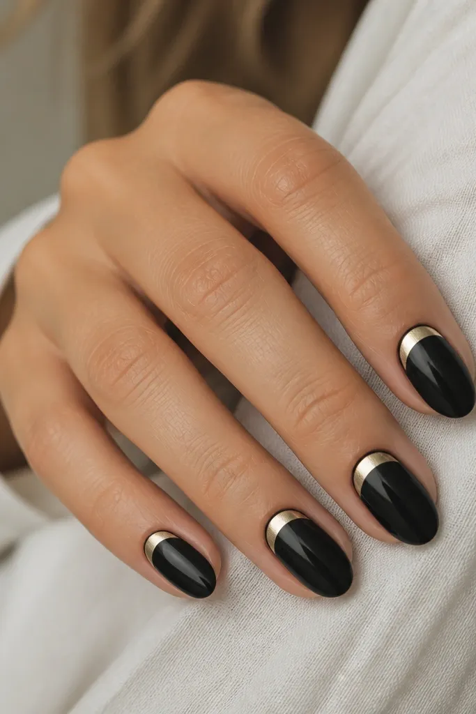 Short almond nails in solid black with a metallic gold half-moon at the cuticle. The gold crescent follows the curve, leaving a small black gap between gold and skin.