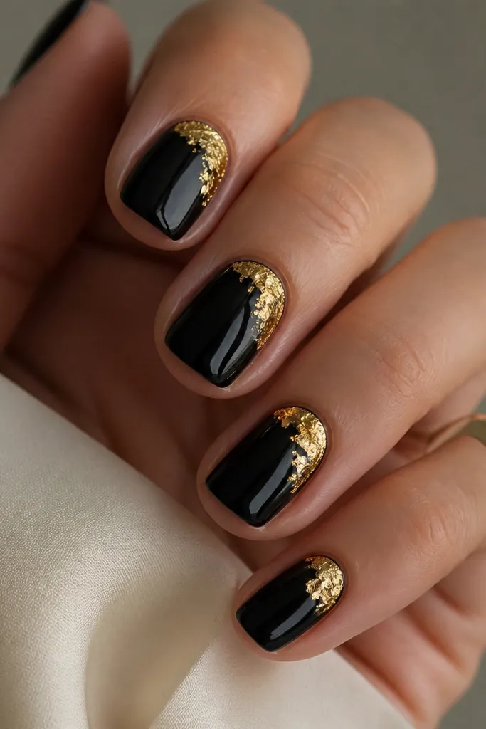 Black short nails with a torn gold foil accent stuck to one upper corner of each nail. The foil has irregular edges and flashes of yellow-gold under a glossy top coat.