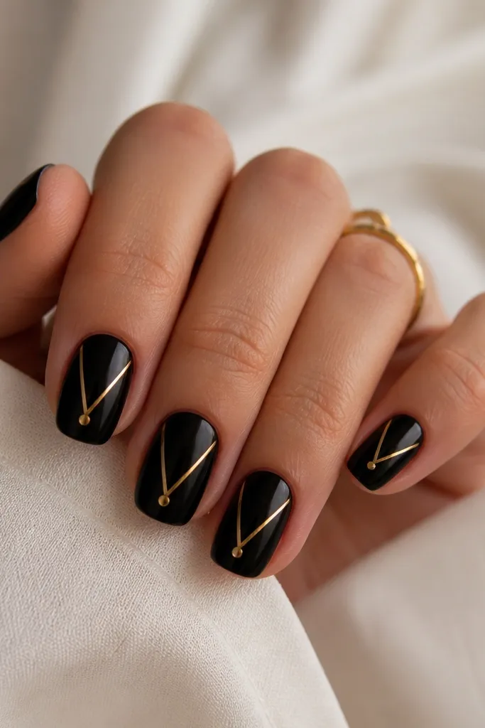 Short squoval nails painted black, each with a gold V that starts near the center cuticle and points toward the tip. The V is made of two thin metallic lines with a small gold dot at the tip.