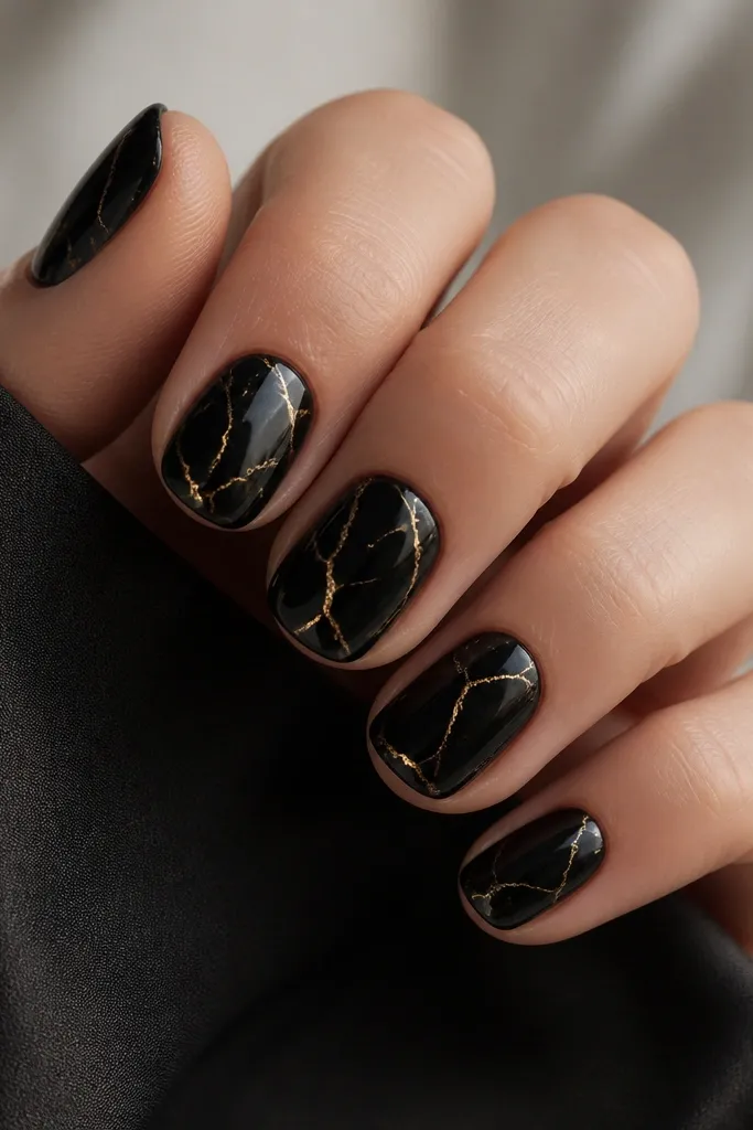 Black short nails with thin, flowing gold veins like marble cracks. The gold lines vary in thickness and curl slightly, with glossy finish.