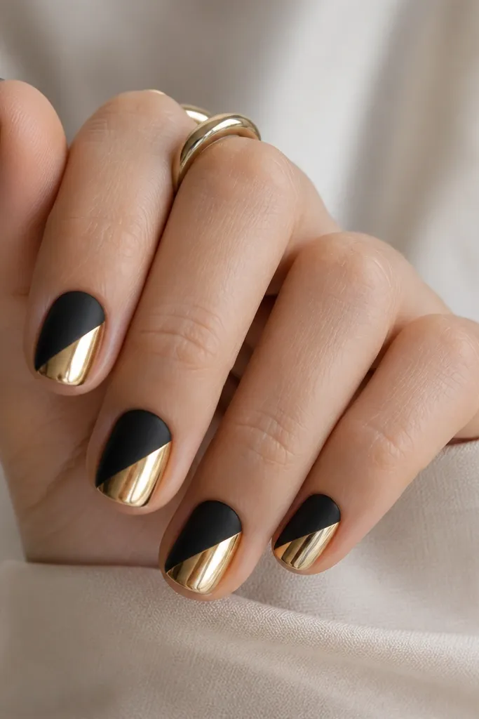Black short nails where one half of each nail is black and the other half is gold chrome. The split is diagonal, creating a clean slant between matte-black and mirrored gold.