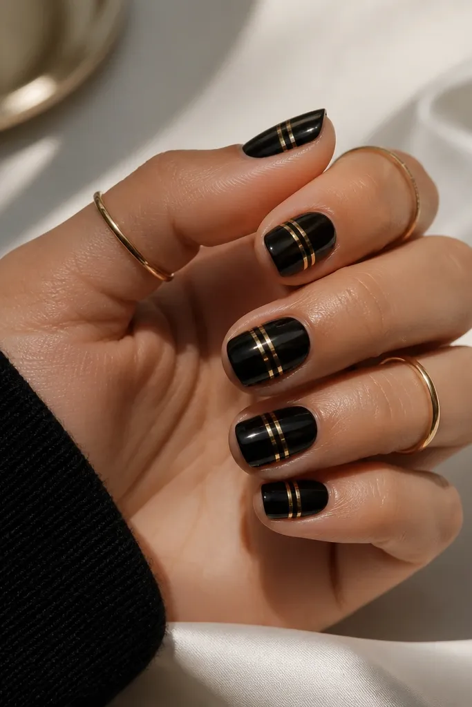 Short black nails with two to three thin gold stripes crossing near the center. The stripes are straight and evenly spaced, with glossy top coat.