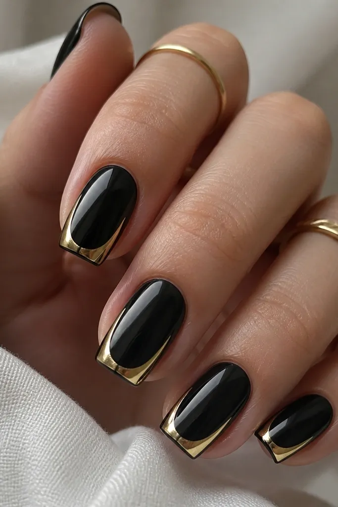 Short squoval nails with a black base. A gold outline forms a stiletto-like shape around the nail tip area, leaving the center black.
