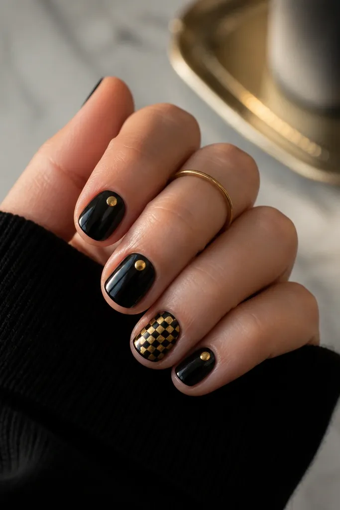 Black short nails with one accent nail featuring a small checker pattern in gold squares. The other nails are solid black with a single gold dot near the cuticle.