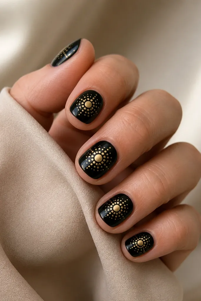 Short nails in black. Each nail has a cluster of gold dots at the center, with the dots getting smaller outward like a halo. Glossy finish, no glitter base.