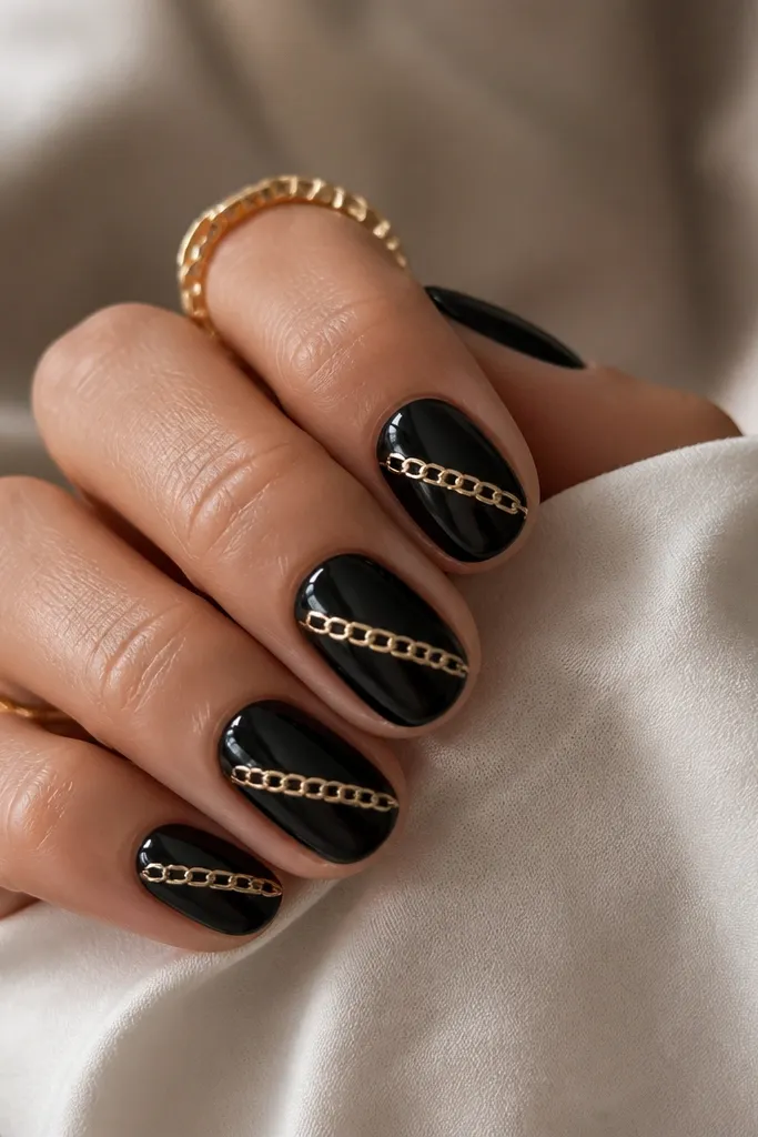 Short black nails with a single gold chain-link stripe running diagonally across the nail. The links are small, rounded, and metallic, with a glossy finish.