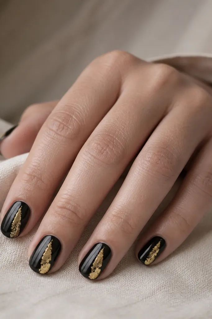 Black short nails with a gold leaf strip stuck along one side of the nail, from near mid-nail to the tip. The leaf looks torn with natural edges and glossy seal.