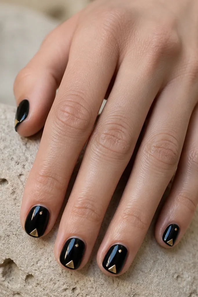 Short nails painted glossy black with a single gold triangle at the very tip, centered. The triangle has sharp edges and a metallic shine.