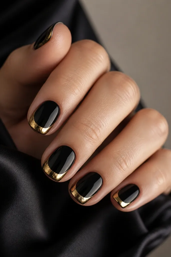 Short squoval nails with black base. A gold foil French sits along one side of the tip like a smile curve, leaving the center tip black.