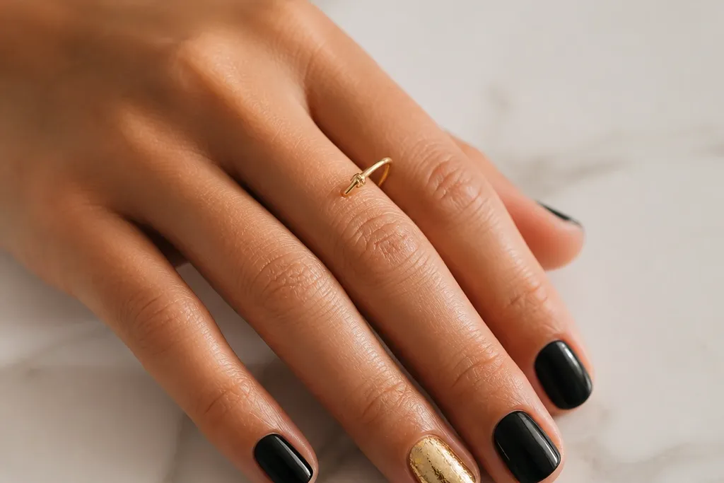 Easy Short Black And Gold Nails