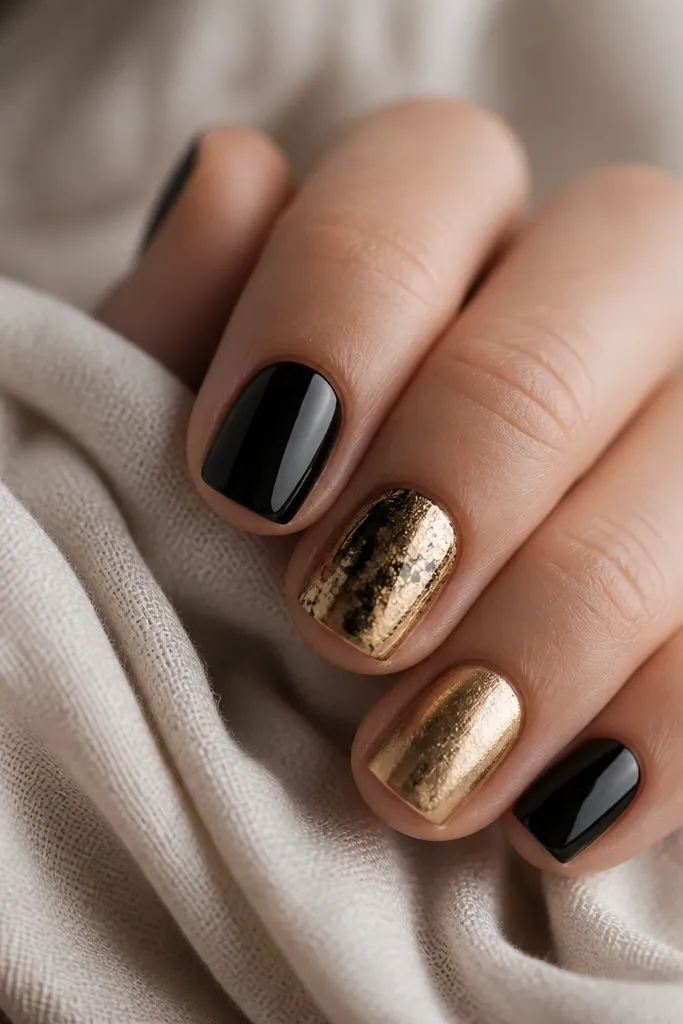 Easy Short Black And Gold Nails