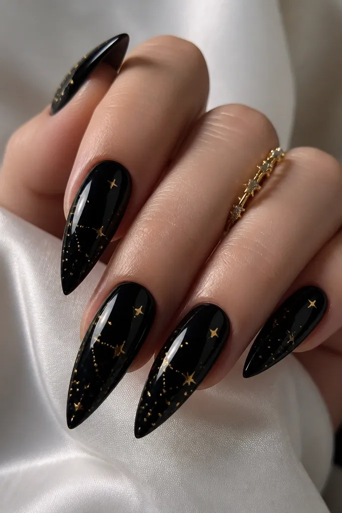 Glossy black stiletto nails with small gold dotwork stars scattered near the tip and a few dots forming tiny constellations.