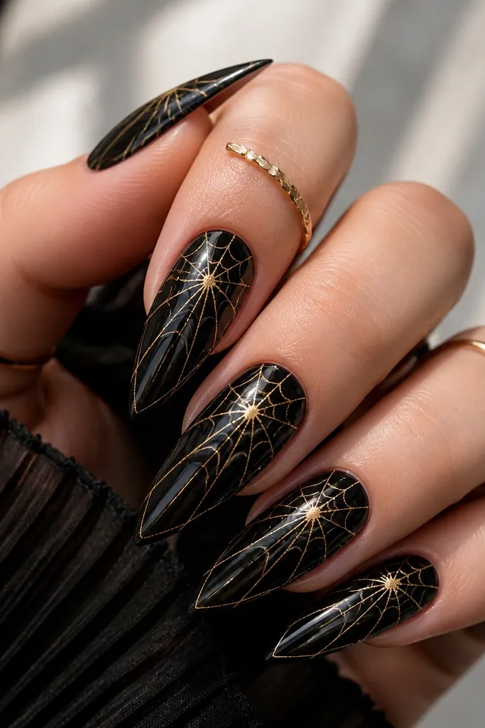 Glossy black stiletto nails with fine gold spiderweb lines radiating from the center and connecting to the tip; the web is delicate, not thick.