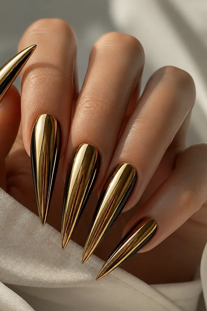 Stiletto nails mostly gold chrome; two slim black side cutouts run vertically on each nail like negative space panels, leaving chrome in the center.