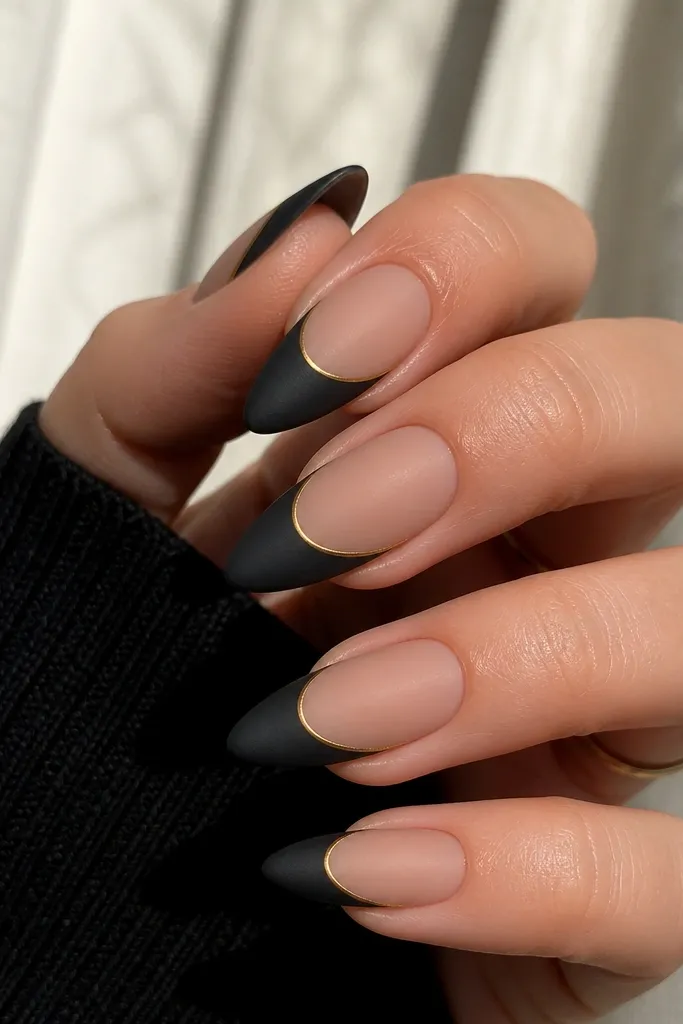 Matte black stiletto nails with a sheer nude base under the matte; the French tip is matte black and outlined with a thin gold line following the smile curve.
