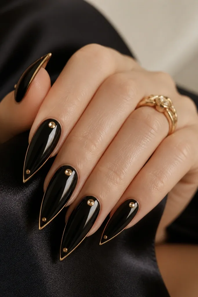 Glossy black stiletto nails with a thin gold border around the nail edges; tiny gold crystals sit near the center and cuticle, sparingly placed.