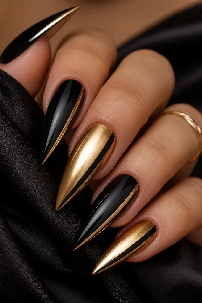 Stiletto nails in sheer nude with glossy black side stripes; gold stripes sit on the opposite sides, creating a reversed color rhythm on each nail.