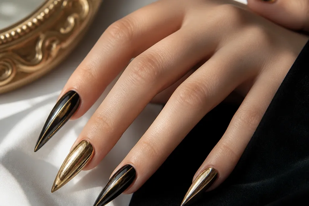 Luxe Dramatic Black And Gold Stiletto Nails