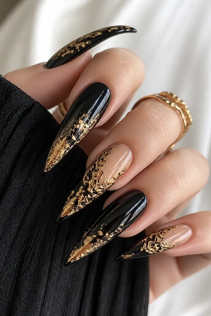 Luxe Dramatic Black And Gold Stiletto Nails