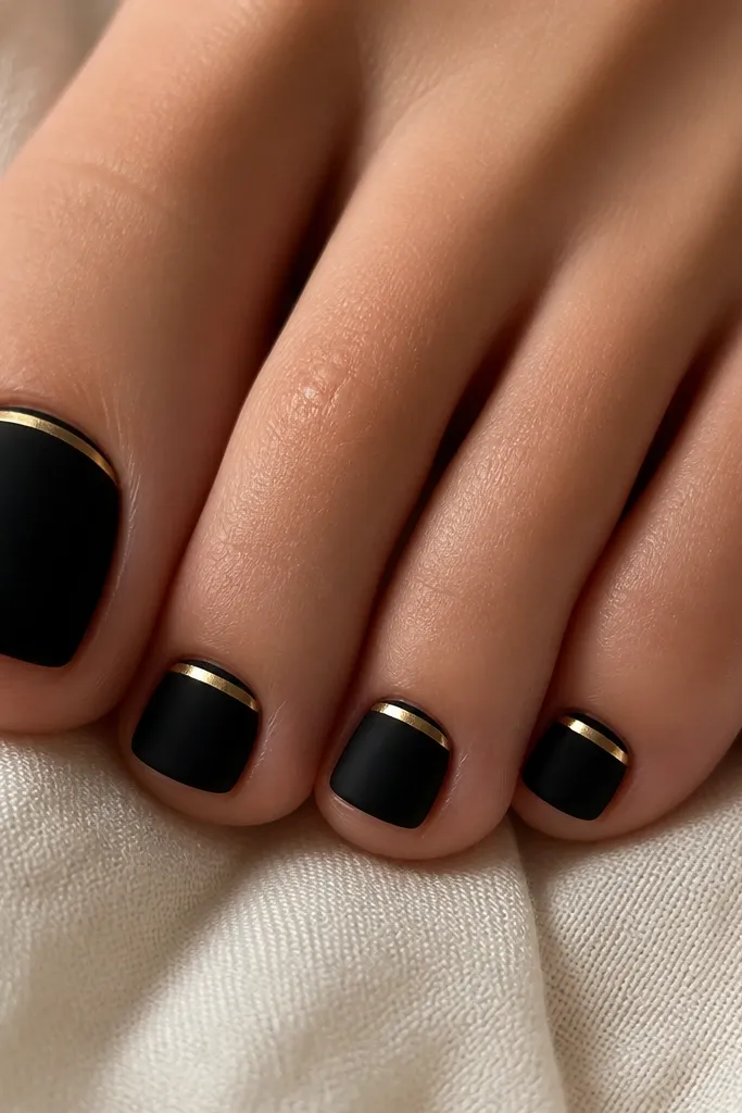 Five toe nails painted matte black. The tips have a narrow, straight metallic gold line like a micro French, with clean edges and a glossy top coat on only the gold line.