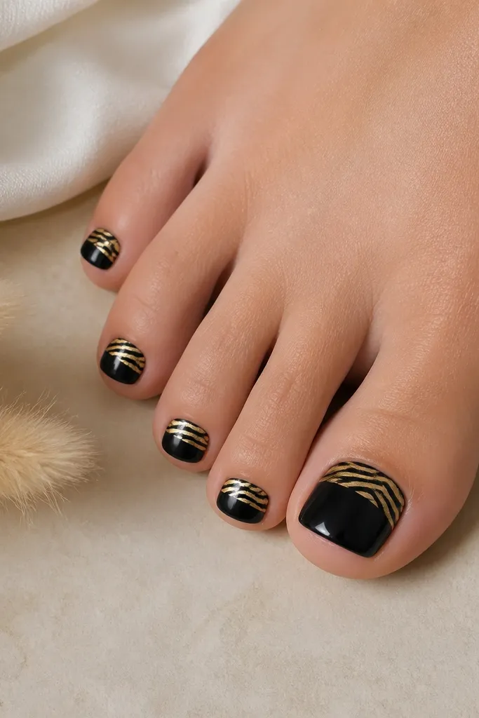 Toe nails have a black base. The tip area is decorated with thin zebra stripes in metallic gold and black, with a smooth rounded tip border.