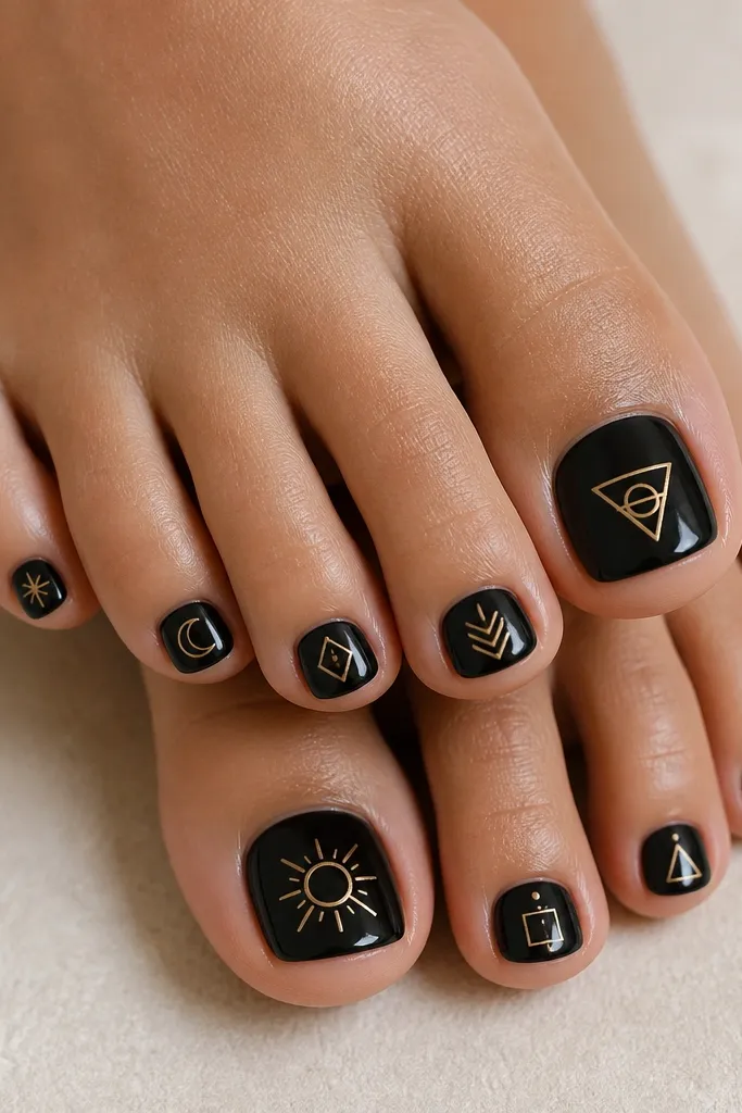 Black glossy toe nails with stamped gold line art. Each nail has a different small geometric stamp, but the outlines stay crisp and metallic.