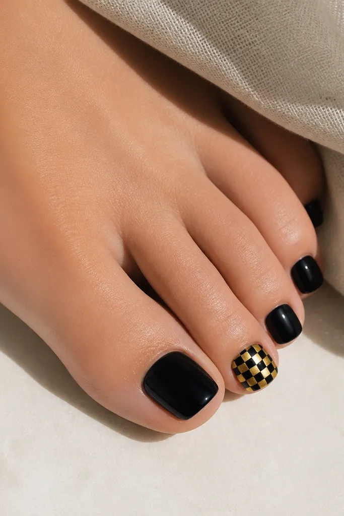 Four toe nails are solid black. One accent nail has a small checkerboard pattern in gold squares and black squares, with a glossy finish.