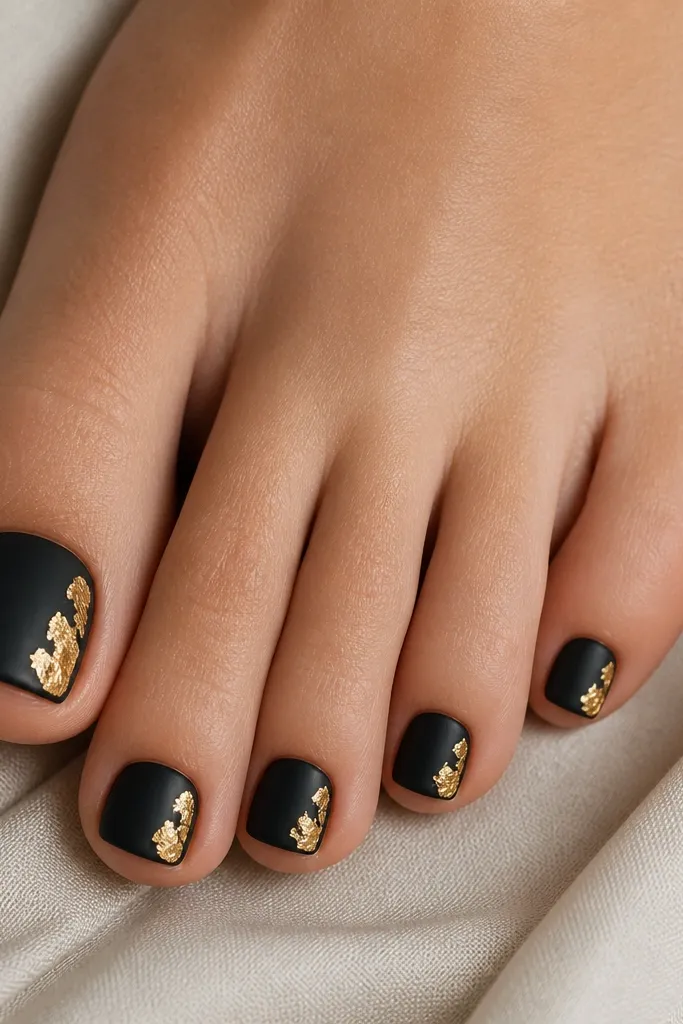 Matte black toe nails with small gold leaf pieces placed like torn paper near the outer edge. A glossy top coat seals the gold leaf only.