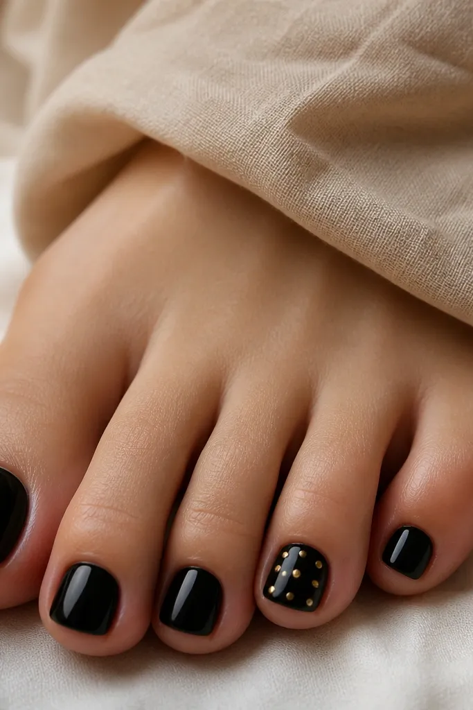Four toe nails are solid black. One accent nail has a neat grid of tiny metallic gold dots, spaced evenly, with a glossy finish.
