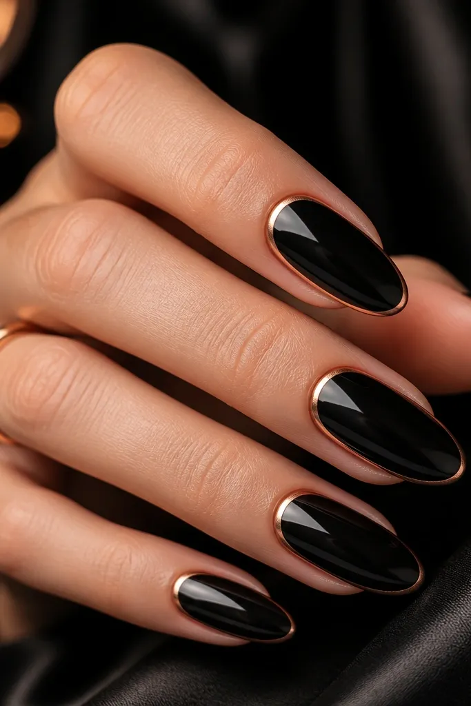 Five nails with a deep inky black base. A thin rose-gold arc sits right at the cuticle on each nail, like a tiny crescent halo. The rest of the nail is glossy and clean with no other details.