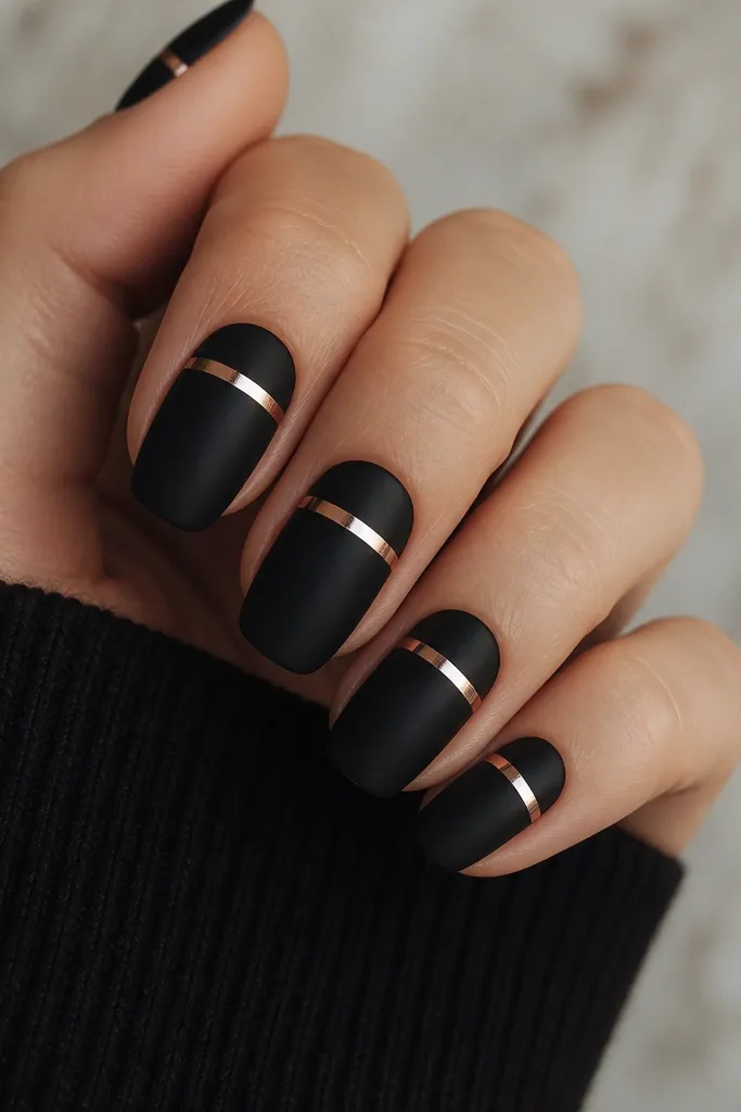 Matte black nails with a crisp rose-gold stripe running horizontally across the smile line area. The rose-gold is metallic and reflective, while the rest stays flat and velvety.