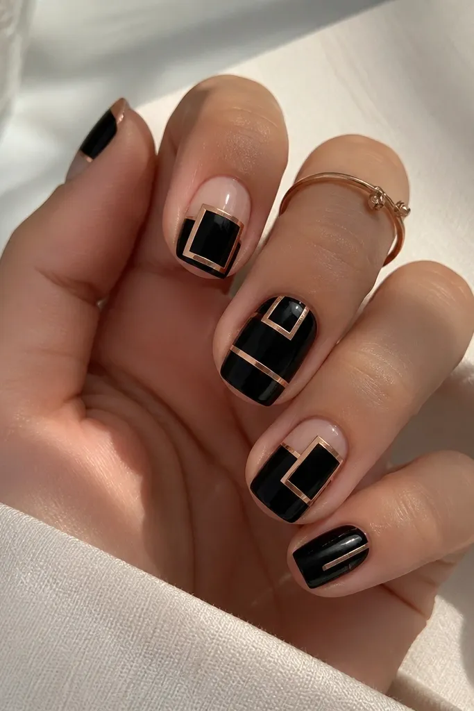 A mix of black panels and nude base areas arranged in sharp angles. The geometric shapes are outlined with a thin rose-gold metallic line, giving the design a clean graphic look.
